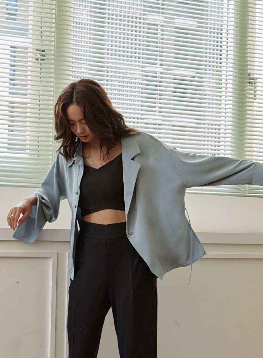 不對稱領細綁帶長袖襯衫